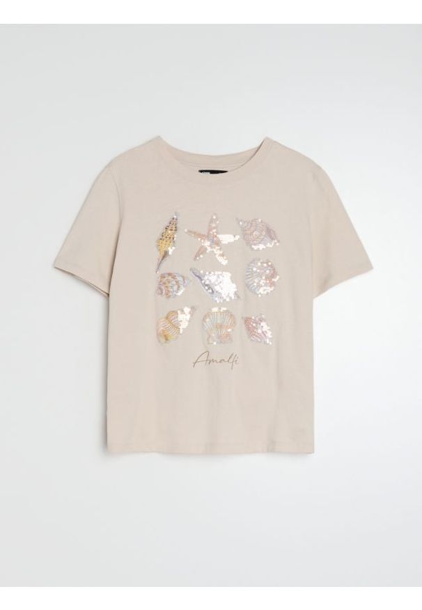 Sinsay - Bawełniana koszulka z ozdobnymi cekinami - kremowy. Kolor: kremowy. Materiał: bawełna