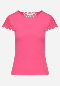 Born2be - Różowa Bluzka z Bawełny Ozdobiona Koronką na Rękawach i Plecach Orida. Kolor: różowy. Materiał: bawełna, koronka. Wzór: aplikacja, koronka