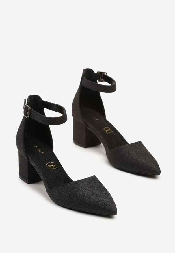 Born2be - Czarne Eleganckie Brokatowe Czółenka Vices na Obcasie z Wkładką ze Skóry Naturalnej Leadora. Nosek buta: szpiczasty. Zapięcie: pasek. Kolor: czarny. Materiał: skóra. Obcas: na obcasie. Styl: elegancki. Wysokość obcasa: średni