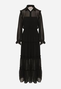 Born2be - Czarna Rozkloszowana Sukienka VICES Koszulowa w Stylu Retro Aravite. Okazja: na co dzień. Typ kołnierza: dekolt w kształcie V, kołnierz z falbankami, kołnierzyk klasyczny. Kolor: czarny. Długość rękawa: długi rękaw. Typ sukienki: koszulowe. Styl: retro #5