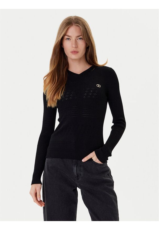 TwinSet - TWINSET Sweter 252TP3241 Czarny Slim Fit. Kolor: czarny. Materiał: wiskoza