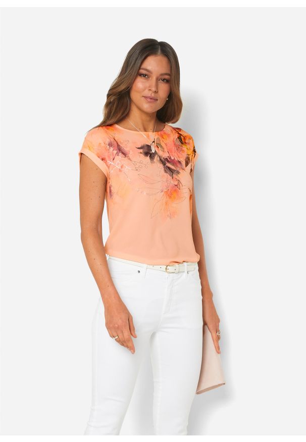 bonprix - Bluzka shirtowa z kwiatowym nadrukiem. Kolor: pomarańczowy. Wzór: nadruk, kwiaty