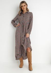 Born2be - Ciemnozielona Sukienka Hesolis. Kolor: zielony. Wzór: nadruk, aplikacja, kwiaty. Typ sukienki: koszulowe. Styl: klasyczny. Długość: maxi #1