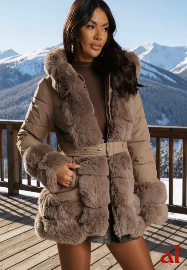 Renee - Ciemnobeżowa Kurtka o Taliowanym Kroju z Paskiem Kapturem i Futerkiem Ranalia. Typ kołnierza: golf. Kolor: beżowy. Materiał: futro. Sezon: zima