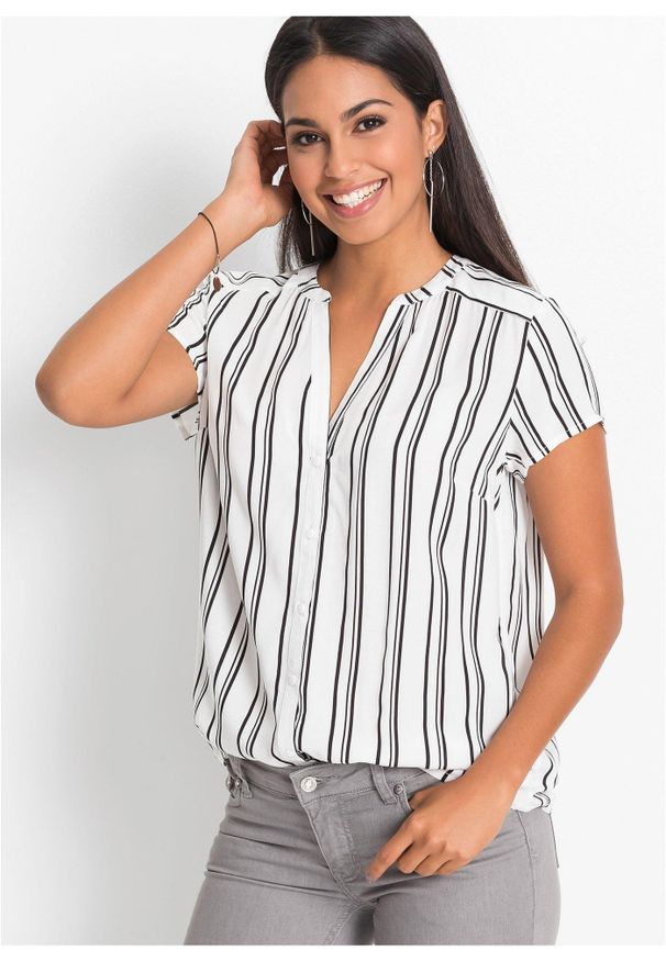 bonprix - Bluzka z krótkim rękawem z czystej wiskozy. Typ kołnierza: dekolt w serek. Kolor: biały. Materiał: wiskoza. Długość rękawa: krótki rękaw. Długość: krótkie. Wzór: nadruk. Styl: elegancki