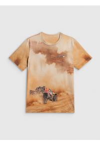 4f - 4F T-shirt regular z nadrukiem męski - beżowy L. Okazja: na co dzień. Kolor: beżowy. Materiał: materiał. Wzór: nadruk. Styl: casual #1