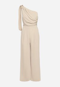 Born2be - Beżowy Kombinezon Asymetryczny na Jedno Ramię z Dwoma Kieszeniami Benama. Okazja: na wesele, na randkę, na ślub cywilny, na imprezę. Kolor: beżowy #3