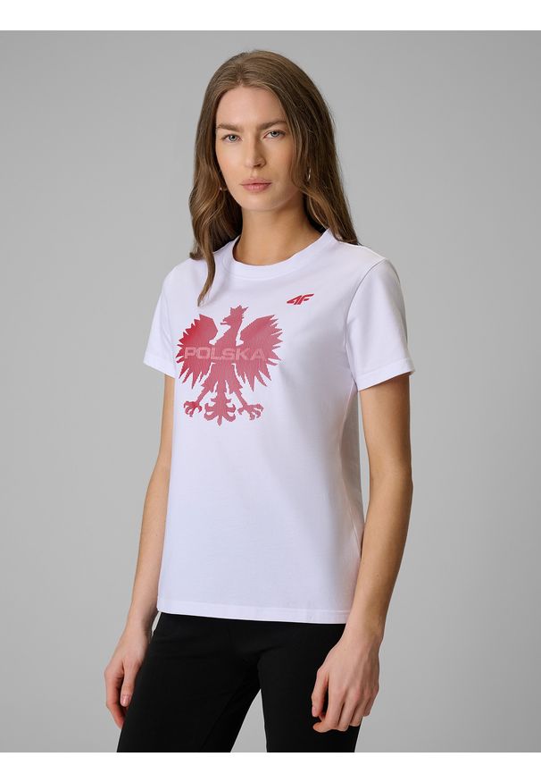 4f - 4F Koszulka kibica damska - biała XXL. Okazja: na co dzień. Kolor: biały. Materiał: bawełna, skóra, materiał. Długość: długie. Wzór: nadruk. Styl: casual, sportowy