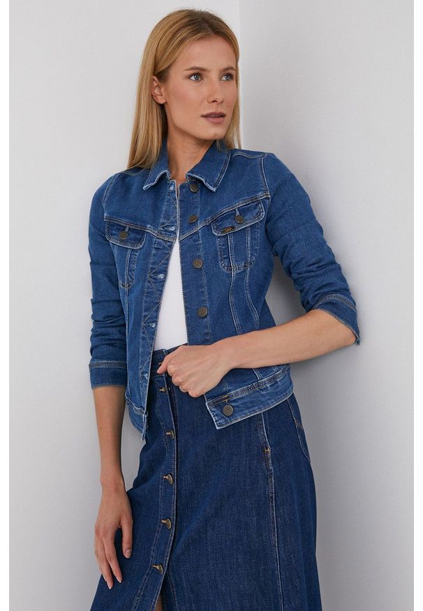 Lee Kurtka jeansowa damska przejściowa. Okazja: na co dzień. Kolor: niebieski. Materiał: jeans. Styl: casual