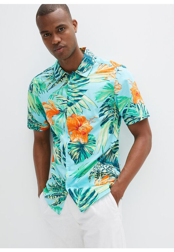 bonprix - Koszula z krótkim rękawem z czystej bawełny. Kolor: niebieski. Materiał: bawełna. Długość rękawa: krótki rękaw. Długość: krótkie. Wzór: nadruk