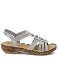 Srebrne Sandały Rieker Eleganckie Buty Damskie. Zapięcie: bez zapięcia. Kolor: srebrny. Materiał: skóra ekologiczna, materiał. Wzór: aplikacja. Obcas: na obcasie. Styl: elegancki. Wysokość obcasa: niski #7