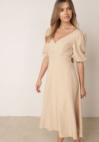 Born2be - Beżowa Elegancka Sukienka z Bufiastymi Rękawami i Wiązaniem na Plecach Zeepy. Kolor: beżowy. Wzór: gładki. Styl: elegancki #8