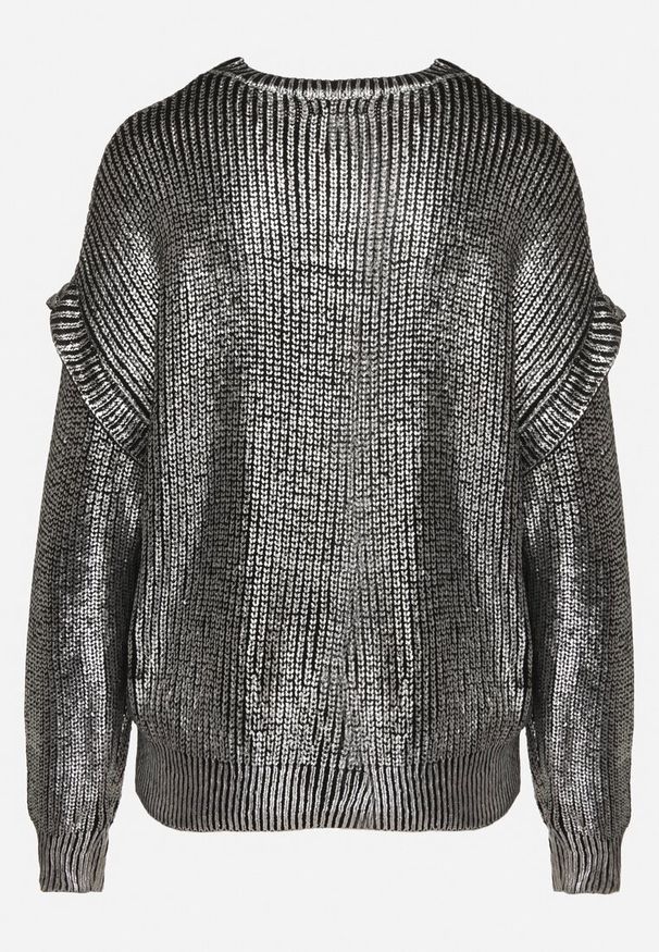 Born2be - Czarno-Srebrny Sweter z Falbanką i Metalicznym Połyskiem Nevandraia. Kolor: czarny. Materiał: materiał. Sezon: zima