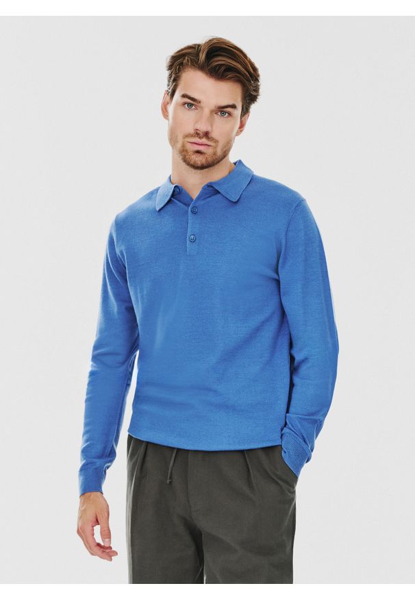 Pako Lorente - PAKO LORENTE – Męski niebieski sweter z kołnierzykiem polo. Typ kołnierza: polo. Kolor: niebieski, szary. Materiał: poliamid, akryl, wełna. Wzór: melanż. Sezon: zima, jesień