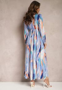 Renee - Niebieska Rozkloszowana Sukienka z Gumką w Talii i Akwarelowym Wzorem Kasille. Kolor: niebieski #4