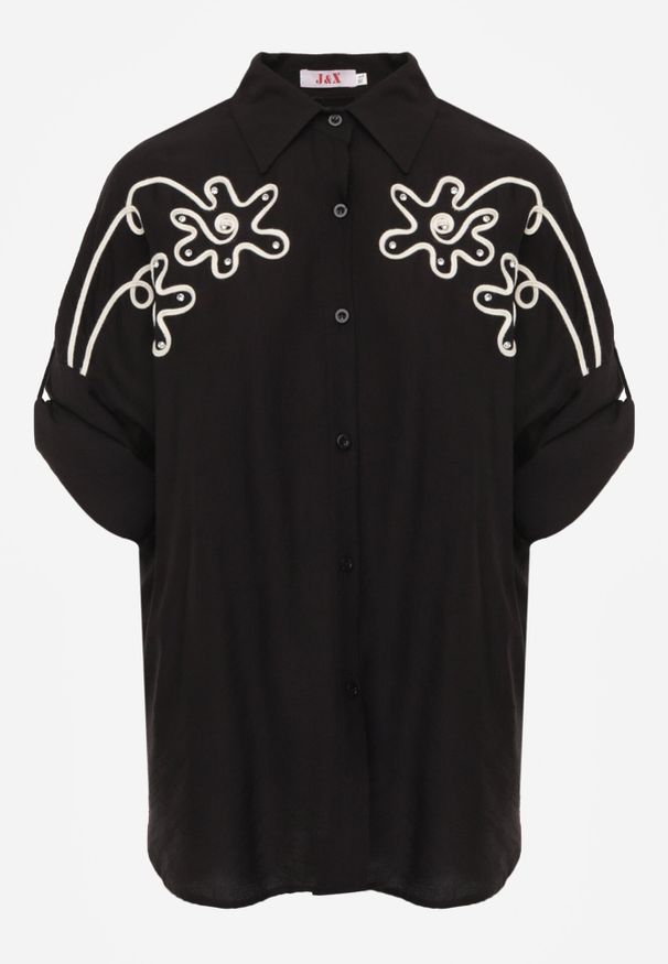 Born2be - Czarna Nietoperzowa Koszula z Wiskozy z Haftem i Podpinanymi Rękawami Jilyla. Okazja: do pracy, na co dzień. Kolor: czarny. Materiał: wiskoza. Długość: długie. Wzór: haft. Styl: elegancki, casual