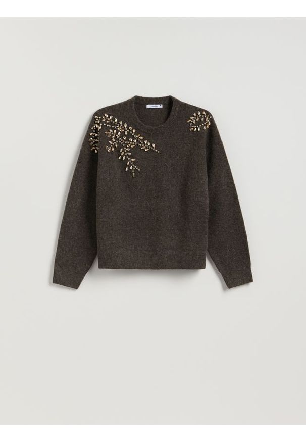 Reserved - Sweter z ozdobnymi aplikacjami - ciemnobrązowy. Kolor: brązowy. Materiał: dzianina, wełna. Wzór: aplikacja