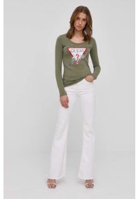 Guess longsleeve damski kolor zielony. Okazja: na co dzień. Kolor: zielony. Materiał: dzianina. Długość rękawa: długi rękaw. Wzór: aplikacja. Styl: casual #5