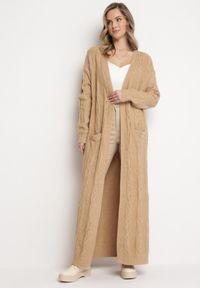 Born2be - Beżowy Kardigan o Długości Maxi ze Wzorem w Warkocz i Kieszeniami Demixi. Kolor: beżowy. Długość rękawa: długi rękaw. Długość: długie #4