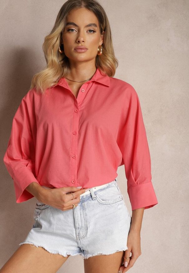Renee - Ciemnoróżowa Koszula z Bawełny Rękawy 3/4 Typu Nietoperz Delilatia. Kolor: różowy. Materiał: bawełna