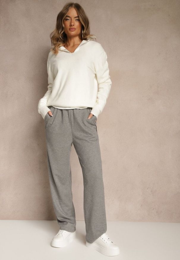 Renee - Jasnoszare Spodnie High Waist z Gumką i Troczkami w Pasie Rallena. Okazja: na co dzień. Stan: podwyższony. Kolor: szary. Styl: casual