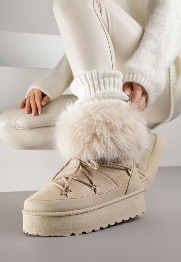 Born2be - Beżowe Śniegowce na Grubej Podeszwie z Futerkiem Tesila. Okazja: na co dzień. Kolor: beżowy. Materiał: futro. Styl: casual