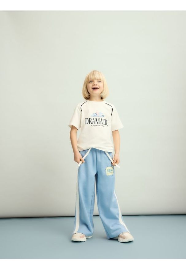 Reserved - Dresowe spodnie z lampasem - niebieski. Kolor: niebieski. Materiał: dresówka