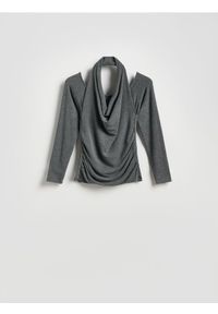 Reserved - Bluzka z ozdobnym dekoltem - ciemnoszary. Kolor: szary. Materiał: dzianina, wiskoza
