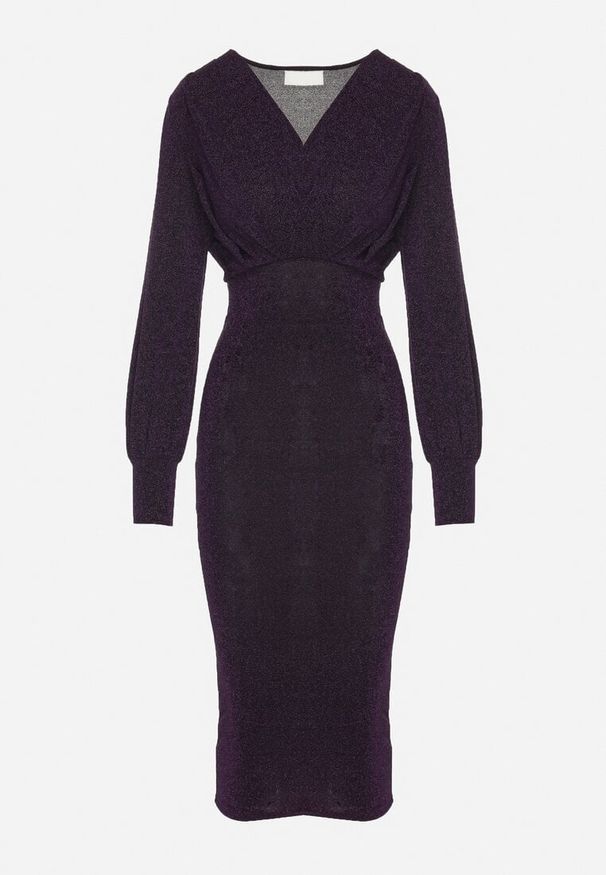 Born2be - Fioletowa Dopasowana Sukienka z Kopertowym Dekoltem i Bufiastymi Rękawami Ulonissa. Okazja: na imprezę. Typ kołnierza: dekolt w kształcie V. Kolor: fioletowy. Typ sukienki: kopertowe. Styl: klasyczny