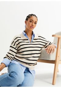 bonprix - Sweter w paski. Kolor: beżowy. Wzór: paski #1