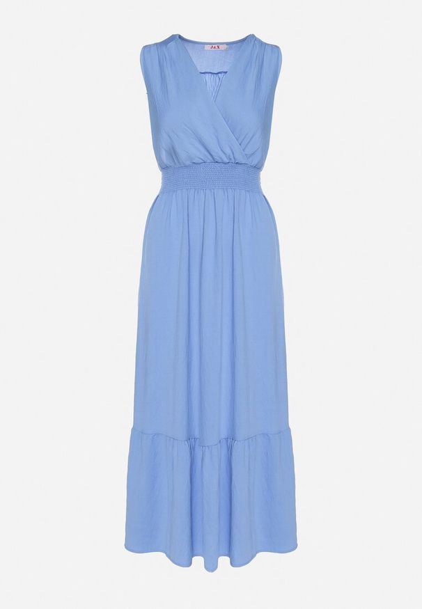 Born2be - Niebieska Sukienka o Rozkloszowanym Kroju Bez Rękawów z Kopertowym Dekoltem Filoria. Typ kołnierza: dekolt kopertowy. Kolor: niebieski. Długość rękawa: bez rękawów. Typ sukienki: kopertowe. Styl: elegancki