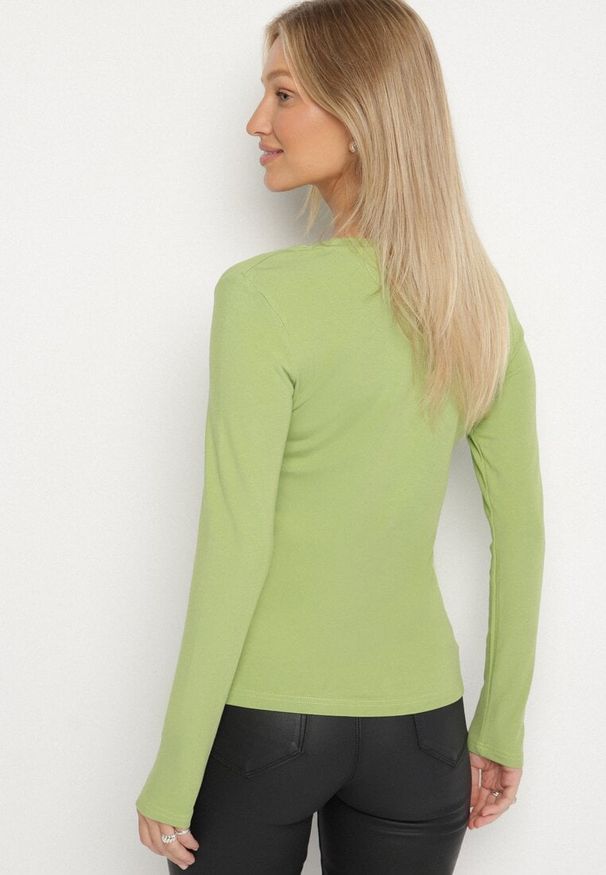 Born2be - Zielona Bluzka Typu Longsleeve z Okrągłym Dekoltem Unelessa. Kolor: zielony. Materiał: jeans. Długość rękawa: długi rękaw. Styl: elegancki, klasyczny