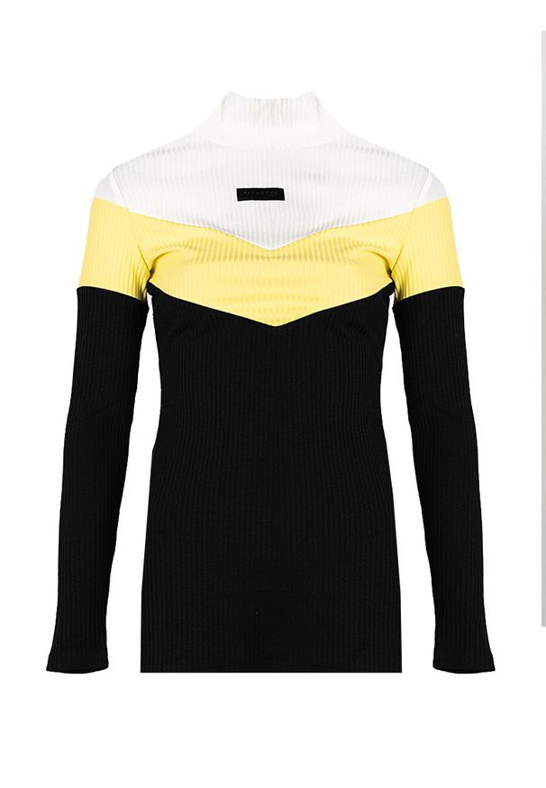 John Richmond - Richmond Sport Sweter | UWA22081LU | Kobieta | Czarny, Biały, Żółty. Typ kołnierza: golf. Kolor: czarny, żółty, biały, wielokolorowy. Materiał: poliester, elastan, wiskoza. Wzór: aplikacja. Styl: sportowy