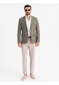Ombre Clothing - Męska elegancka marynarka SLIM FIT z rayonem – oliwkowa V5 - Rozmiar: M. Kolor: oliwkowy. Materiał: tkanina, poliester, materiał. Wzór: ze splotem. Styl: elegancki #15