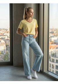 Sinsay - Bawełniana koszulka z gęstego splotu Interlock - yellow jeans. Materiał: bawełna, jeans. Wzór: ze splotem