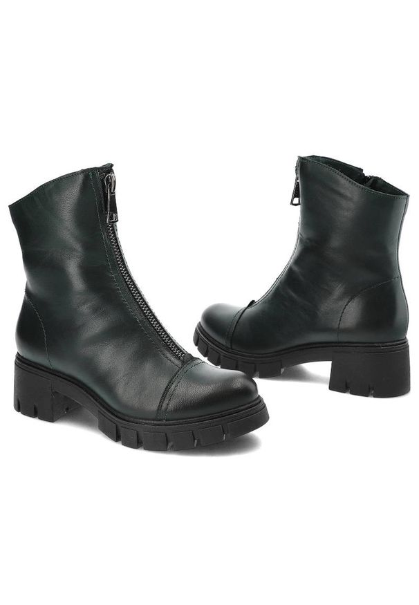 Zielone Botki Simen Damskie Skórzane Modne Obuwie. Okazja: na spacer. Kolor: zielony. Materiał: skóra. Szerokość cholewki: normalna. Sezon: zima. Obcas: na obcasie. Styl: elegancki. Wysokość obcasa: niski