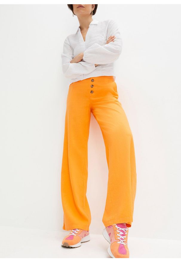 bonprix - Długie spodnie palazzo z domieszką lnu. Kolor: pomarańczowy. Materiał: len. Długość: długie. Styl: elegancki
