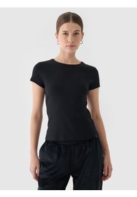 4f - 4F T-shirt slim gładki damski - czarny XS. Okazja: na co dzień. Kolor: czarny. Materiał: skóra, elastan, dzianina, prążkowany, bawełna, materiał. Długość rękawa: krótki rękaw. Długość: krótkie. Wzór: gładki. Styl: sportowy, klasyczny, casual