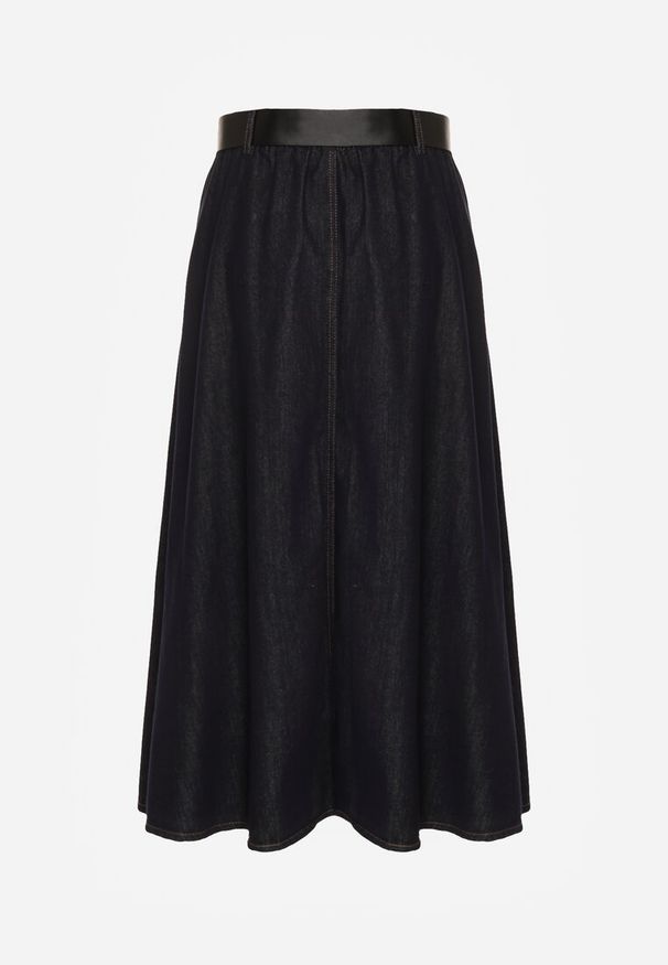 Renee - Granatowa Rozkloszowana Spódnica Jeansowa Midi z Paskiem Wendlla. Okazja: na co dzień. Kolor: niebieski. Materiał: jeans. Styl: casual, klasyczny