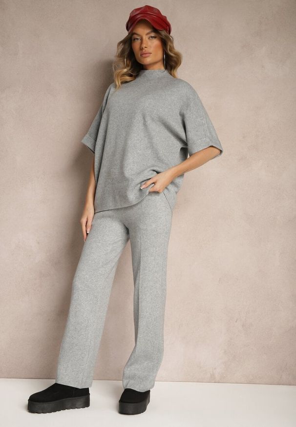 Renee - Jasnoszary Komplet z Wiskozą i Bawełną Szerokie Spodnie i Sweter w Stylu Nietoperza Sassivra. Kolor: szary. Materiał: bawełna, wiskoza