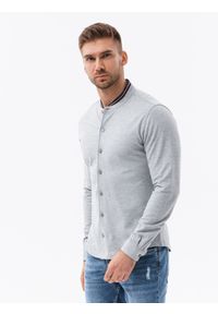 Ombre Clothing - Bawełniana męska koszula SLIM FIT ze stójką w kolorowe paski – szara V5 OM-SHCS-0178 - XXL. Okazja: na co dzień. Typ kołnierza: kołnierzyk stójkowy. Kolor: czarny. Materiał: bawełna. Długość: długie. Wzór: paski, kolorowy. Styl: casual