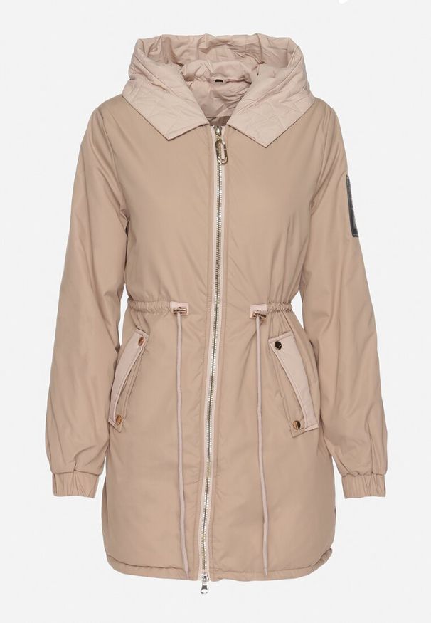 Born2be - Ciemnobeżowa Kurtka Parka z Kapturem i Ściągaczem w Pasie Sizana. Okazja: na co dzień, na spacer. Typ kołnierza: kaptur. Kolor: beżowy. Materiał: jeans. Styl: casual, elegancki, klasyczny