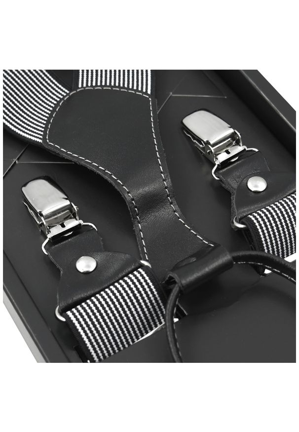 Modini - Czarne szelki w białe paski SZ54. Kolor: wielokolorowy, czarny, biały. Materiał: skóra, guma. Wzór: paski