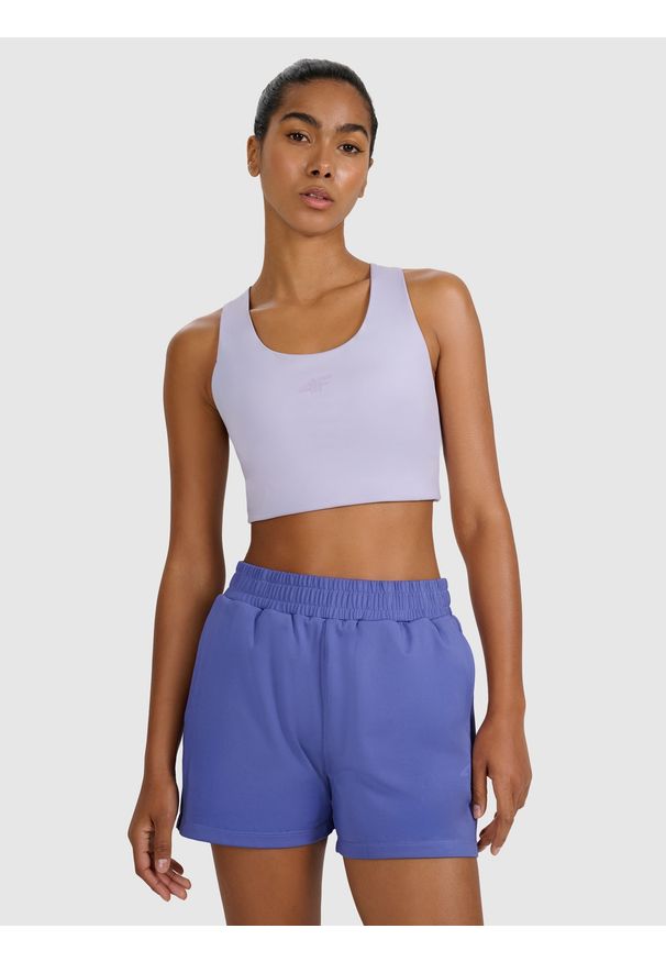 4f - 4F Biustonosz treningowy z niskim wsparciem - niebieski M. Kolor: niebieski. Materiał: syntetyk, włókno, materiał, elastan, guma. Rodzaj stanika: wyciągane miseczki. Wzór: gładki, ze splotem. Sport: joga i pilates, fitness