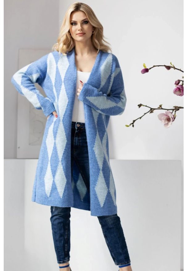 PeeKaBoo - Elegancki sweter kardigan w romby niebieski. Kolor: niebieski. Styl: elegancki