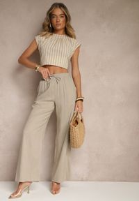 Renee - Beżowe Spodnie z Lnem o Szerokim Kroju z Gumką w Talii Filarive. Okazja: na co dzień. Kolor: beżowy. Materiał: len. Sezon: lato, wiosna. Styl: elegancki, casual