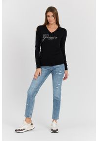 Guess - GUESS Czarny damski sweter Saige Logo Vn Ls Swtr, Rozmiar S. Typ kołnierza: dekolt w serek. Kolor: czarny. Materiał: materiał. Długość rękawa: długi rękaw. Długość: długie. Styl: elegancki #6