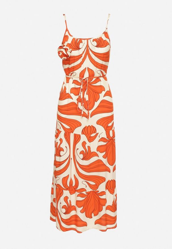 Born2be - Pomarańczowa Sukienka z Wiskozy o Rozkloszowanym Kroju z Broszką i Wiązaniem Marunela. Okazja: na co dzień. Kolor: pomarańczowy. Materiał: wiskoza. Długość rękawa: na ramiączkach. Wzór: aplikacja. Sezon: lato. Styl: elegancki, casual