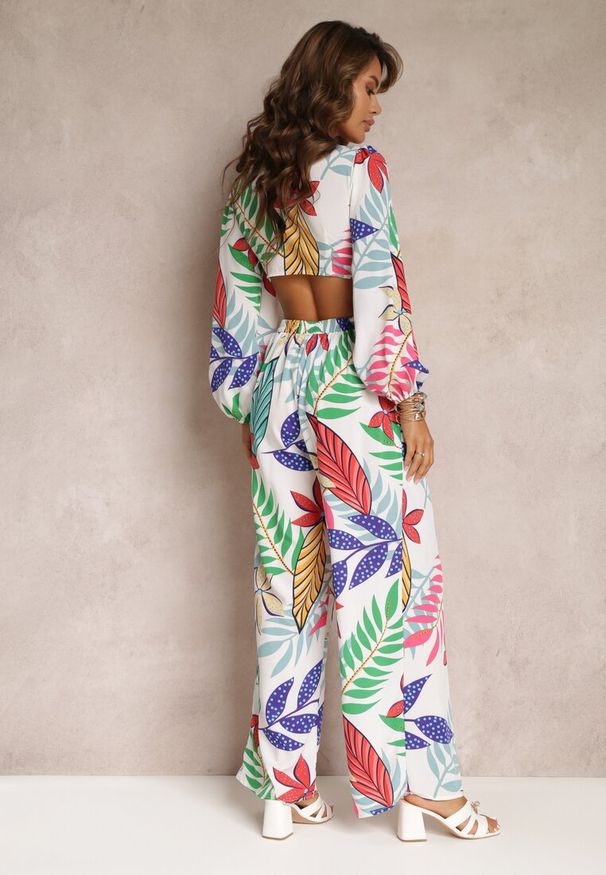 Renee - Biały 2-częściowy Komplet Bluzka z Ozdobnym Wiązaniem i Spodnie z Gumką w Pasie Francessa. Kolor: biały