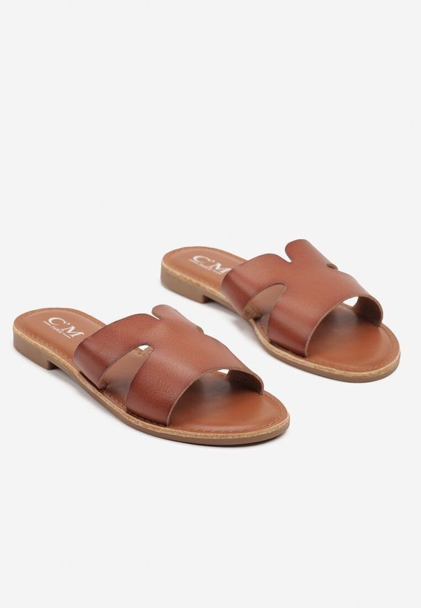 Renee - Brązowe Klapki na Płaskiej Podeszwie z Ozdobnymi Wycięciami Fenitta. Okazja: na spacer. Kolor: brązowy. Sezon: lato. Obcas: na płaskiej podeszwie. Styl: elegancki